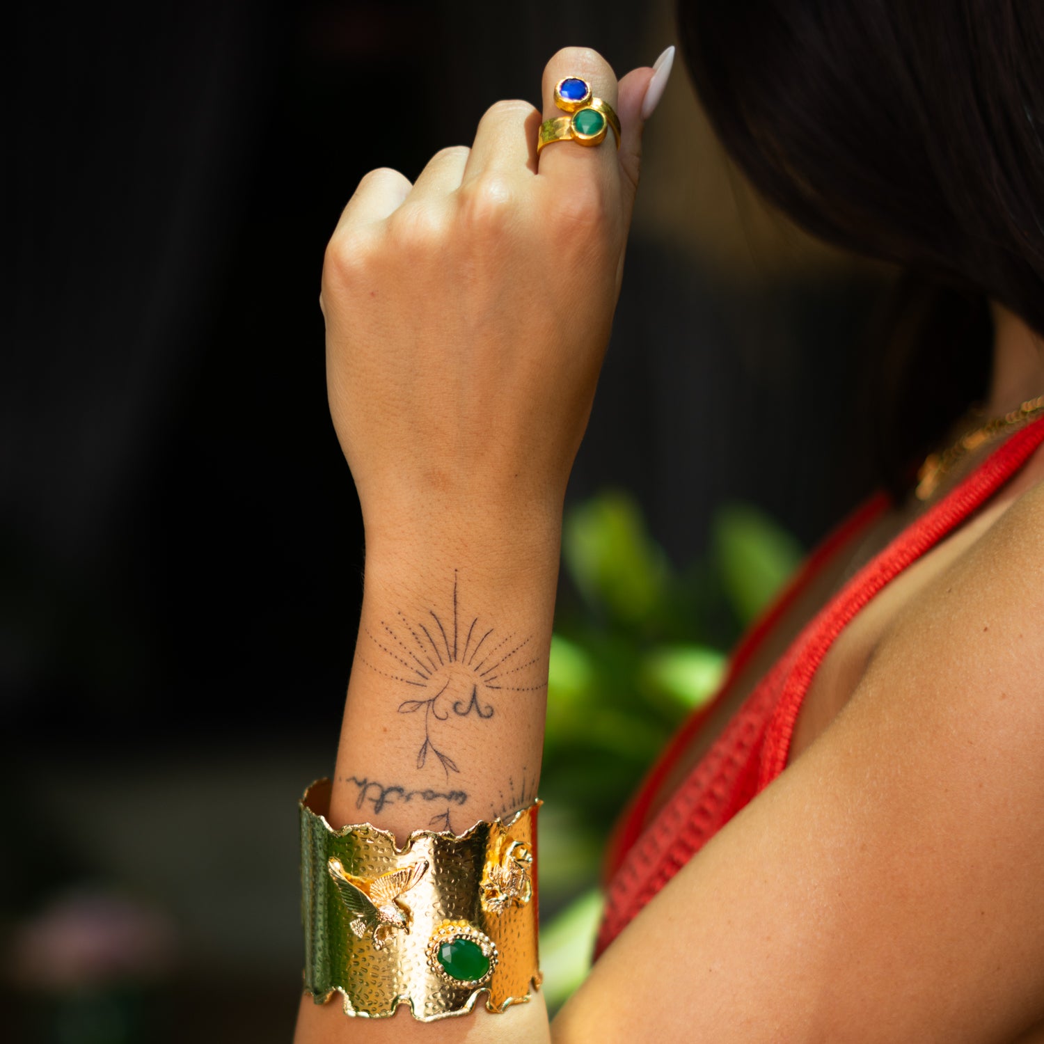 Royal Duo Emerald & Sapphire Gold Adjustable Cuff Ring