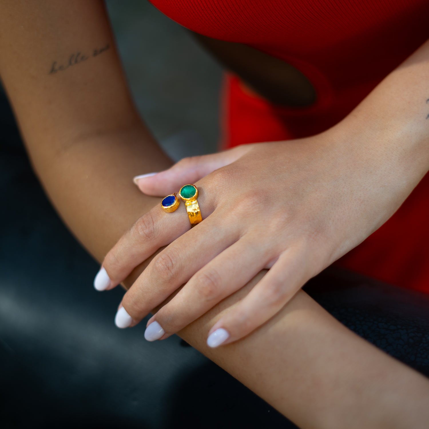Royal Duo Emerald & Sapphire Gold Adjustable Cuff Ring
