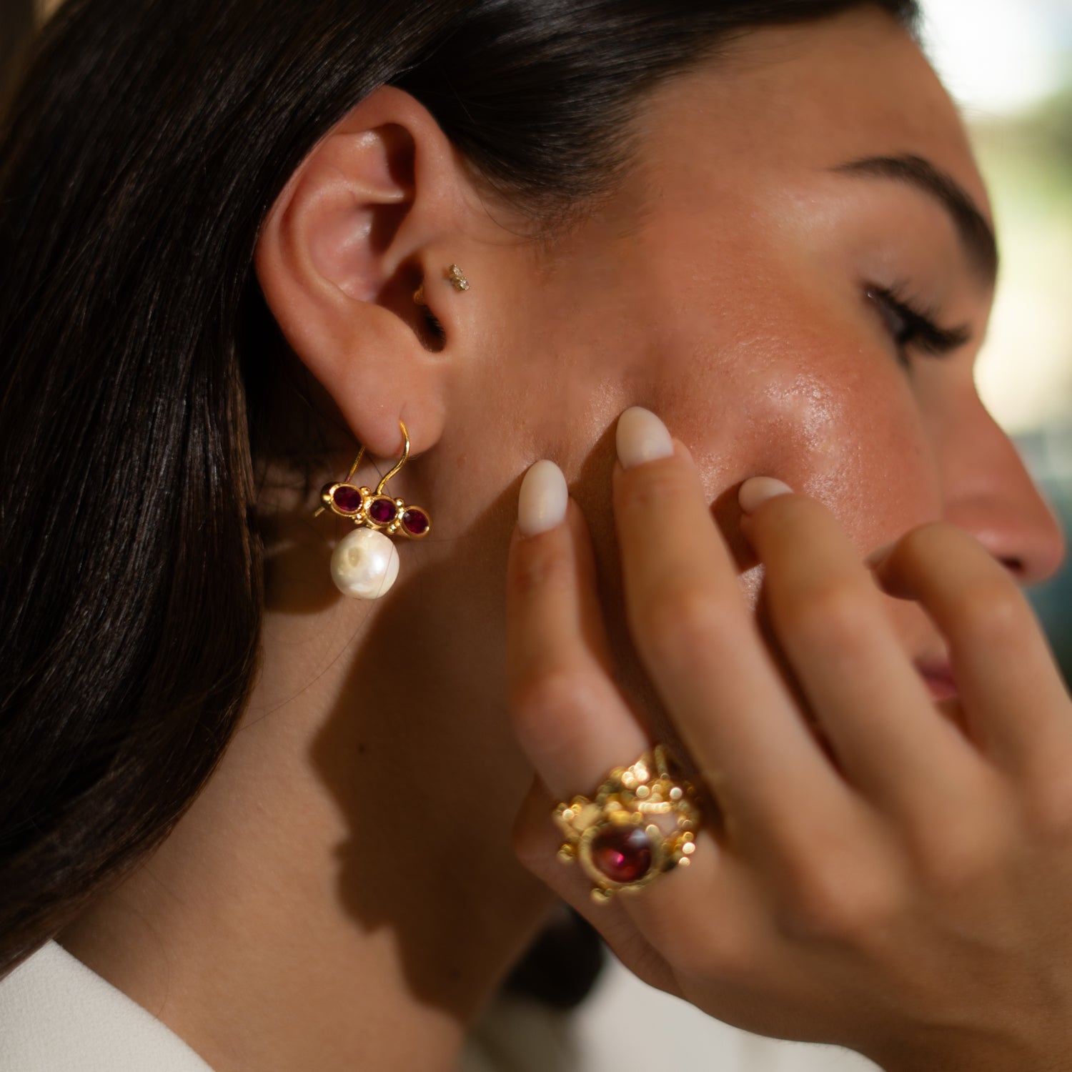 Royal Ruby Pearl Drop Earrings