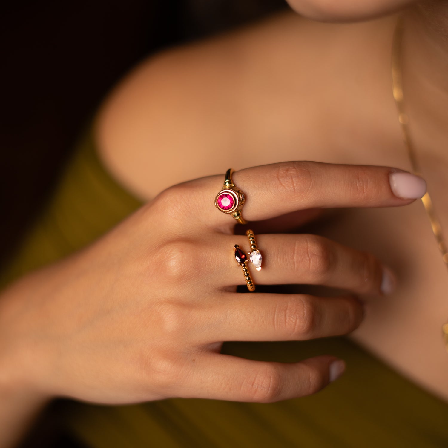 Ruby & Diamond Teardrop Glow Gold Adjustable Ring