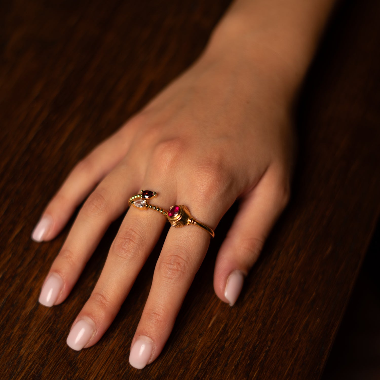 Ruby & Diamond Teardrop Glow Gold Adjustable Ring