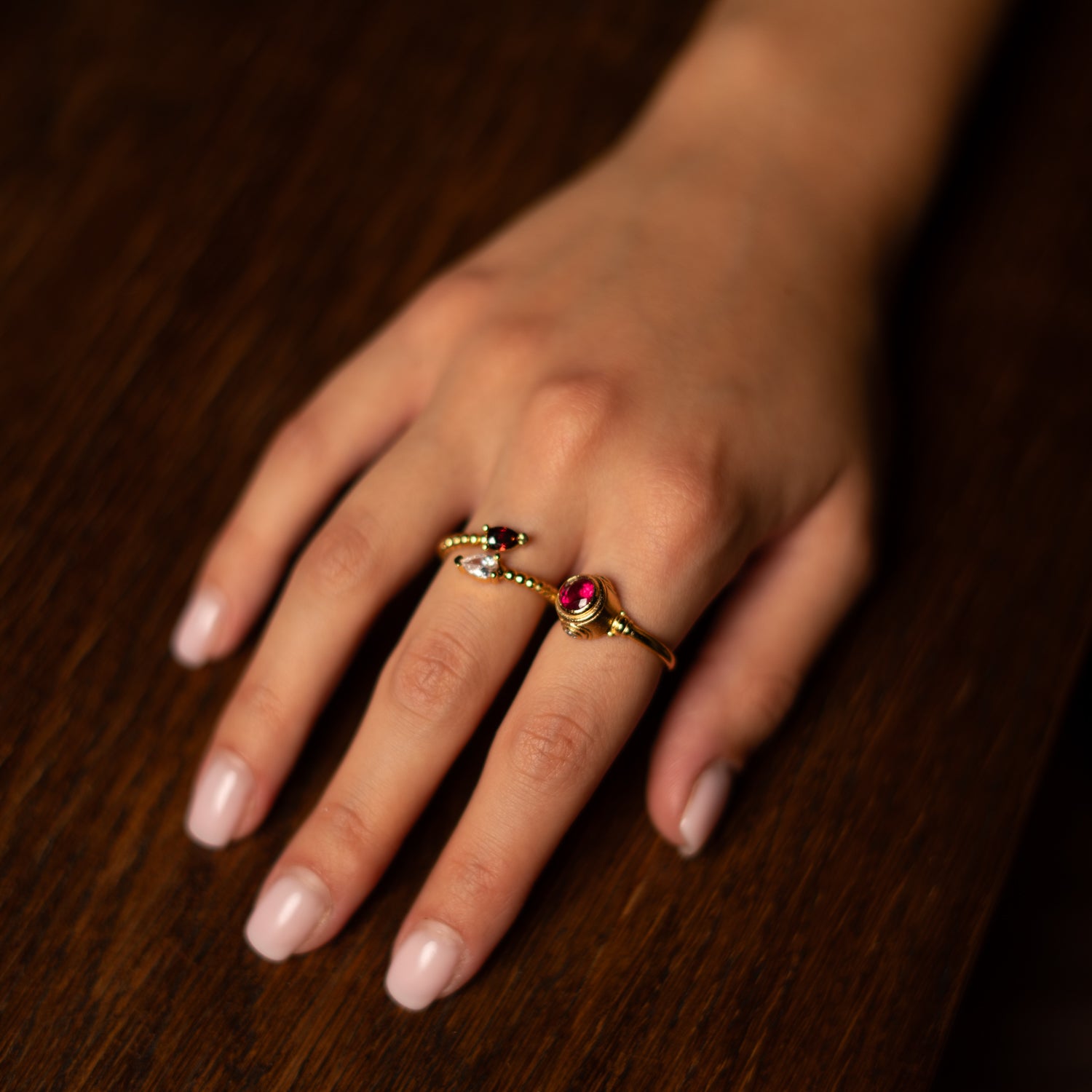 Ruby & Diamond Teardrop Glow Gold Adjustable Ring