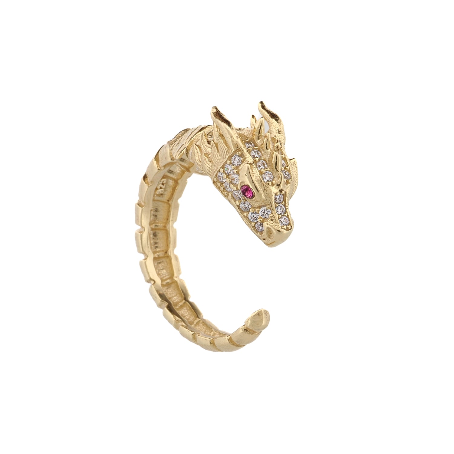 18K Gold-Plated Adjustable Ruby Eyed Dragon Ring with CZ Diamonds for Protection and Mystical Elegance