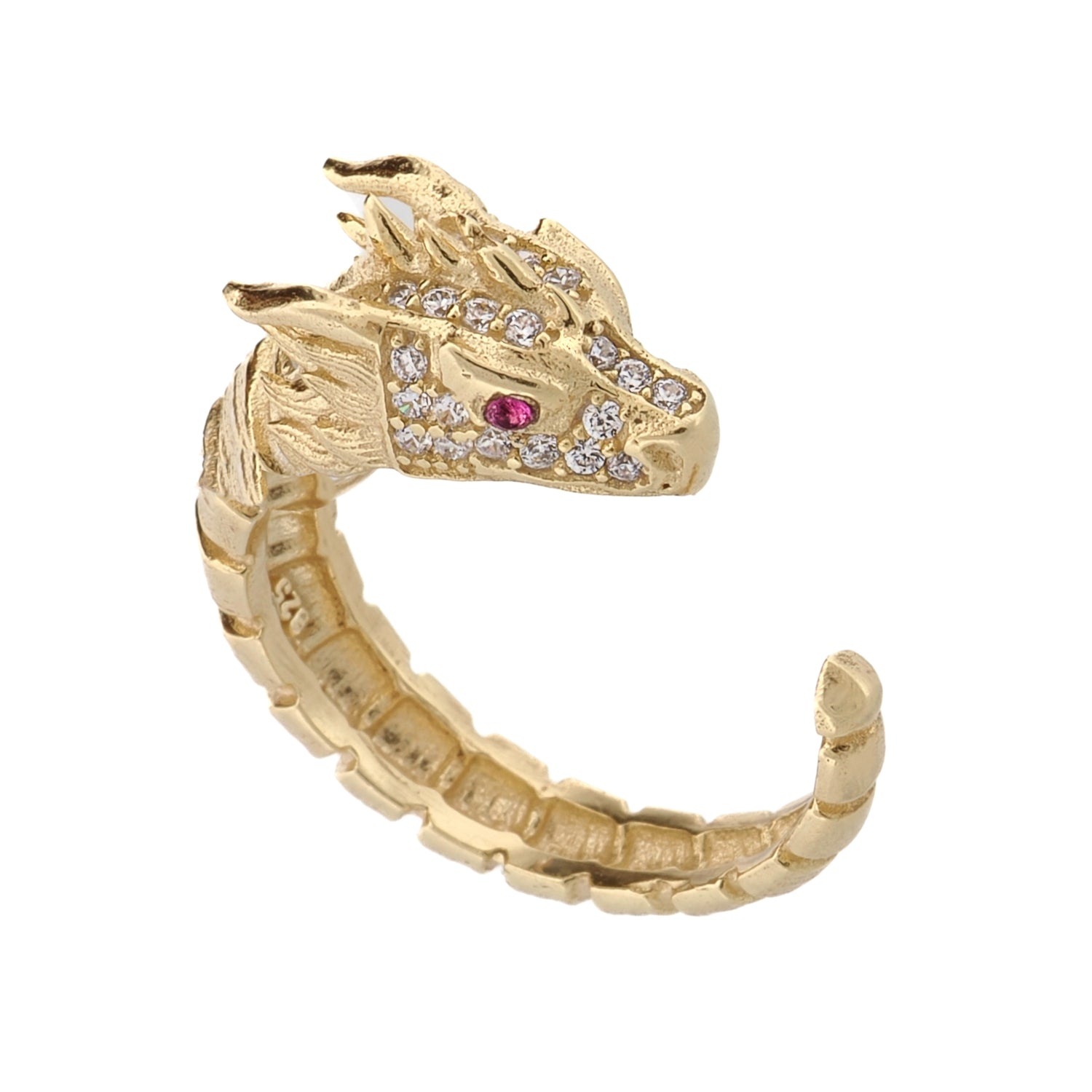 Gold Dragon Ring with Ruby Eyes and CZ Diamonds, Adjustable for Spiritual Protection and Chic Style
