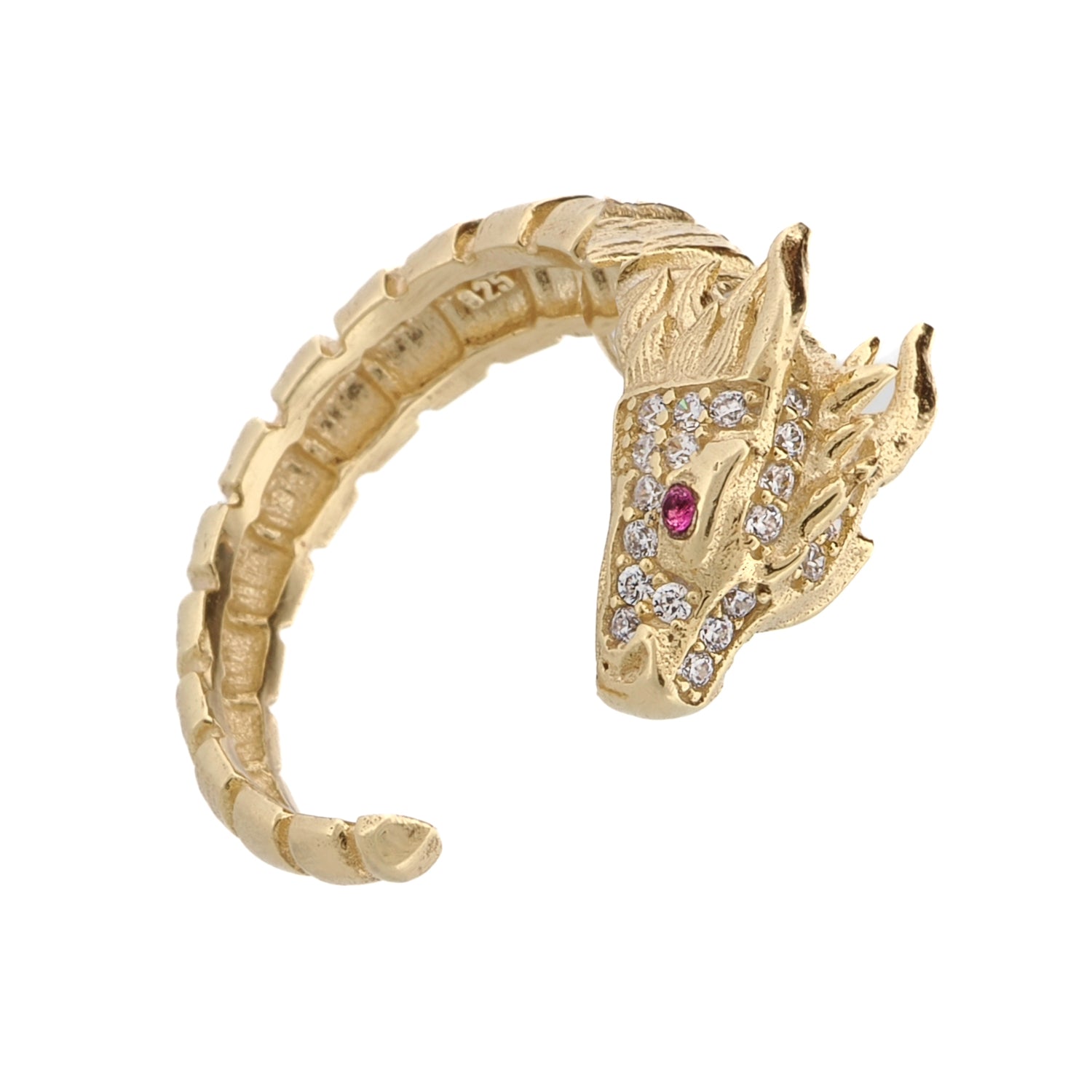 Adjustable 18K Gold-Plated Dragon Ring with Ruby Eyes and CZ Diamonds for Mystical Elegance