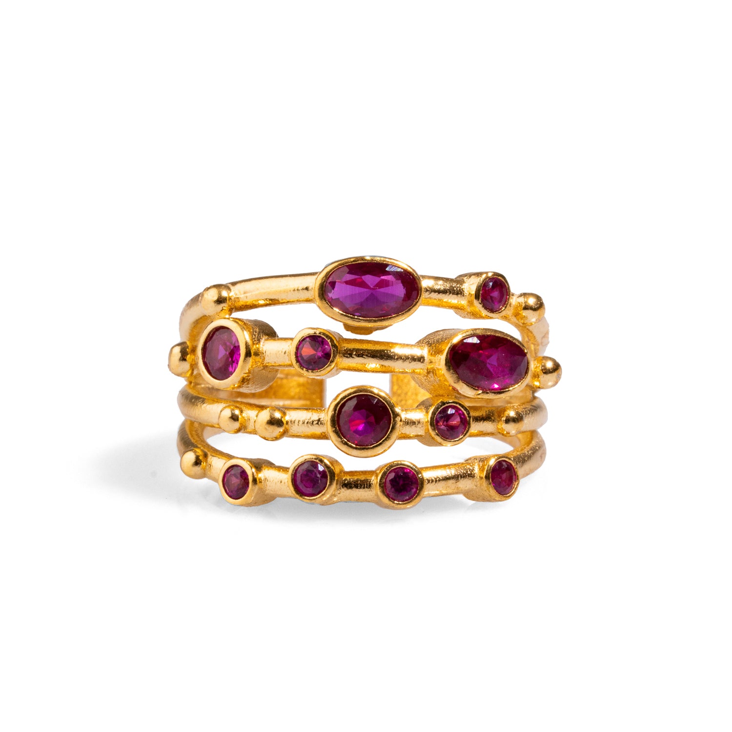 Luxurious adjustable ring featuring an elegant arrangement of ruby stones set in 24k gold-plated brass, combining brilliance and sophistication.