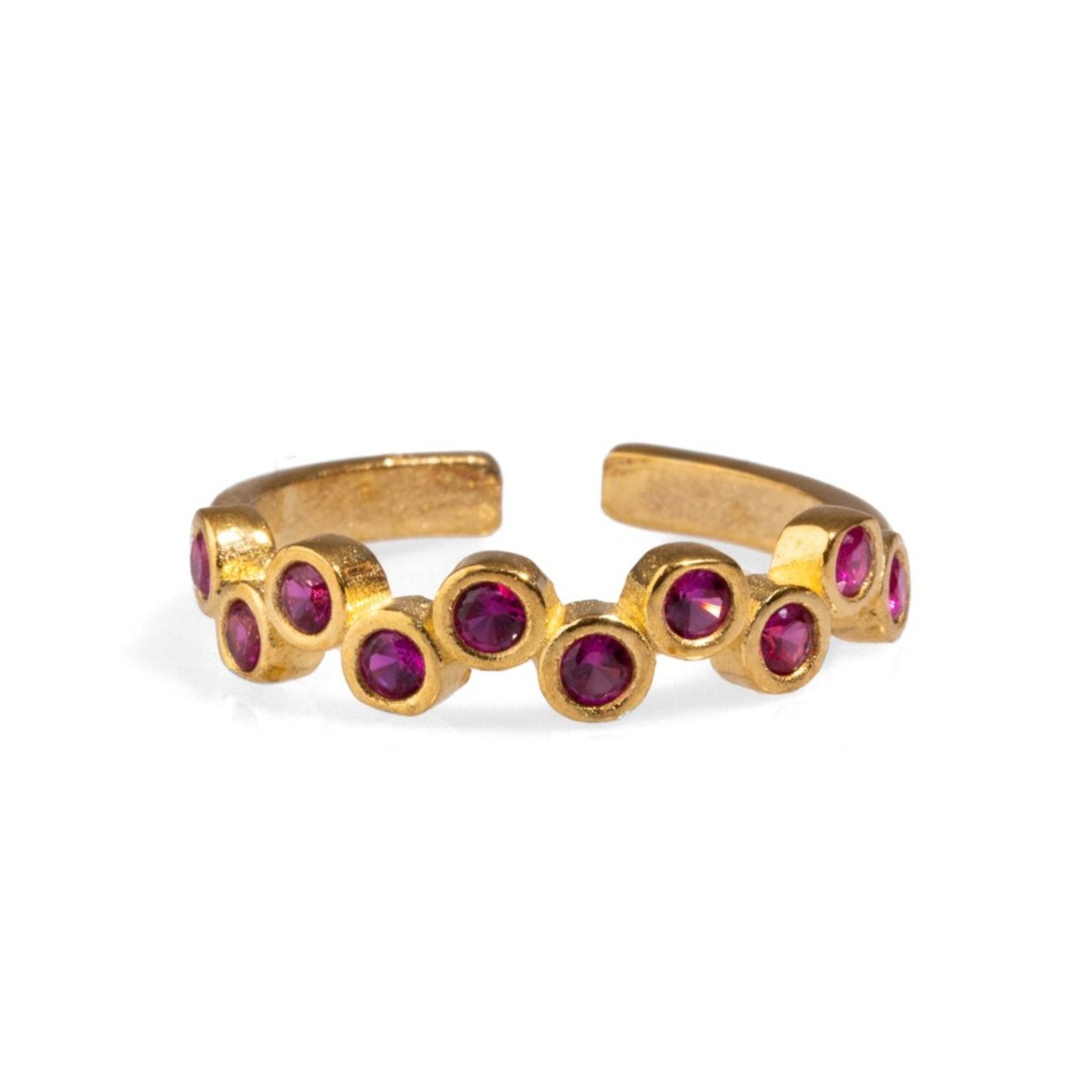 Elegant 24k Gold Zig Zag Ring with Ruby Stones, Adjustable and Stackable Design
