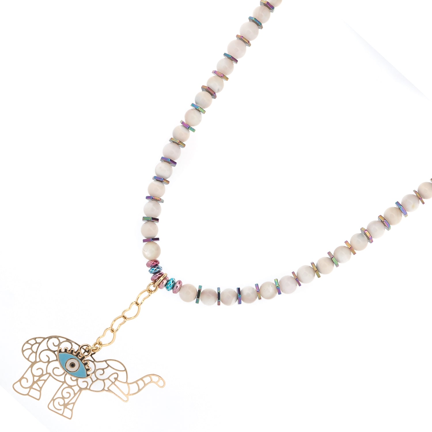 Pearl necklace with colorful hematite beads and gold-plated elephant evil eye charm for protection and luck