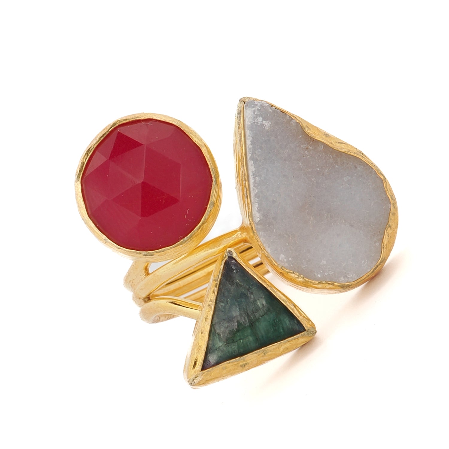 Sacred Geometry triple gemstone ring with quartz, ruby, and amethyst on white background