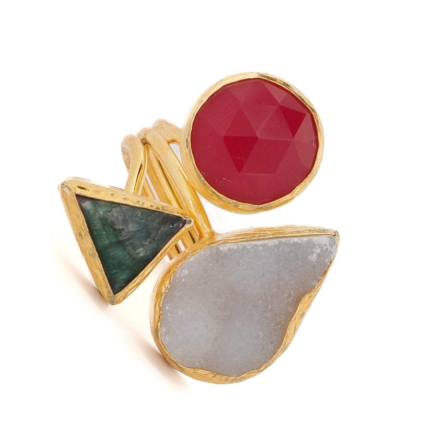 Close-up of 24K gold-plated bronze ring blending geometric shapes with spiritual energy