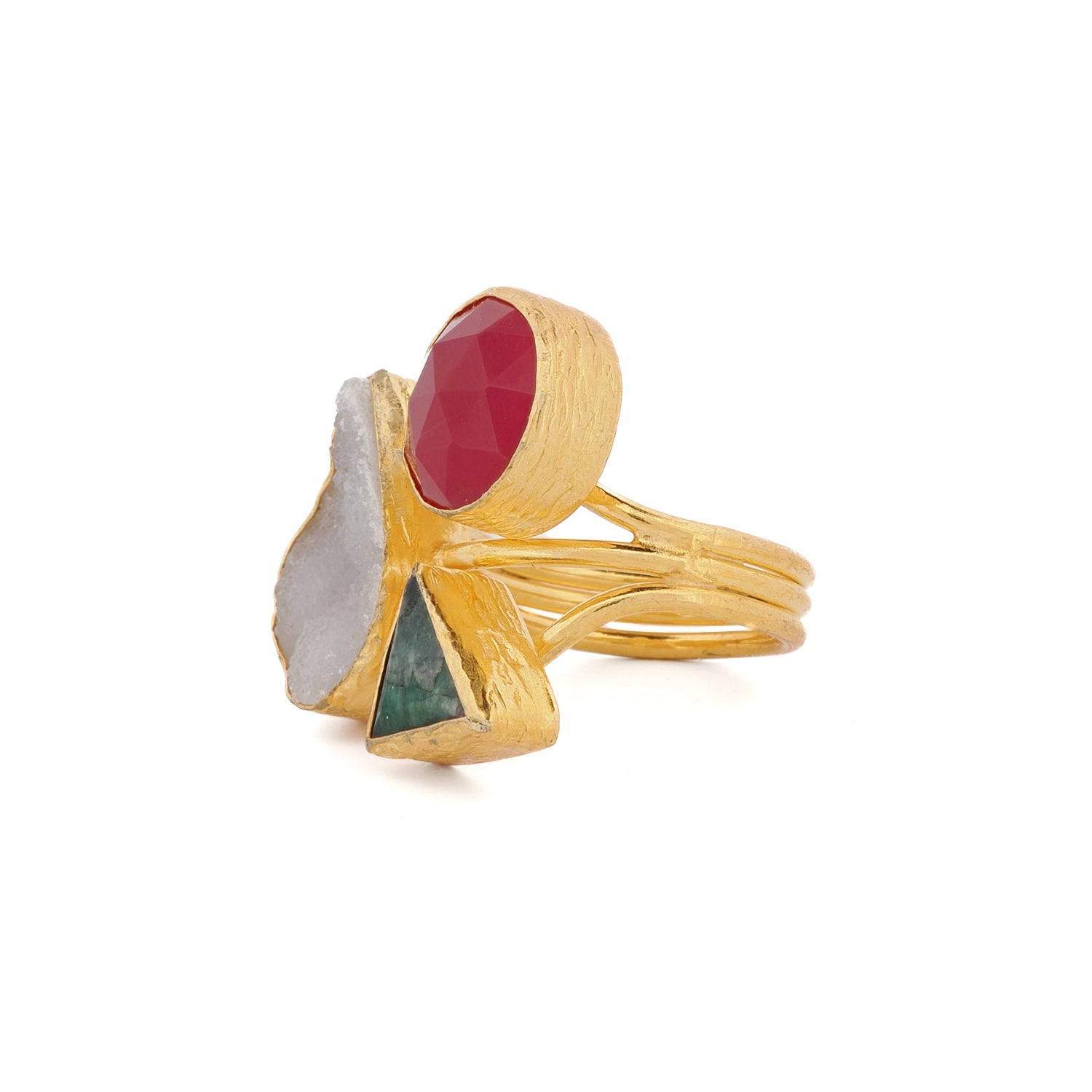 Artisan-crafted ring with triple gemstone design representing balance, strength, and wisdom