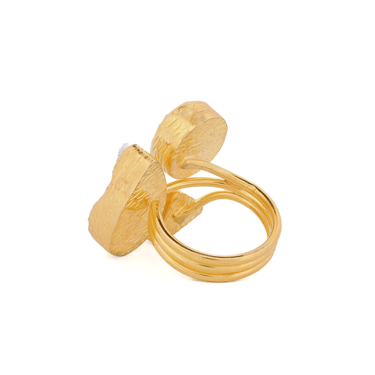 Bold artisan ring combining quartz for clarity, ruby for passion, and amethyst for intuition