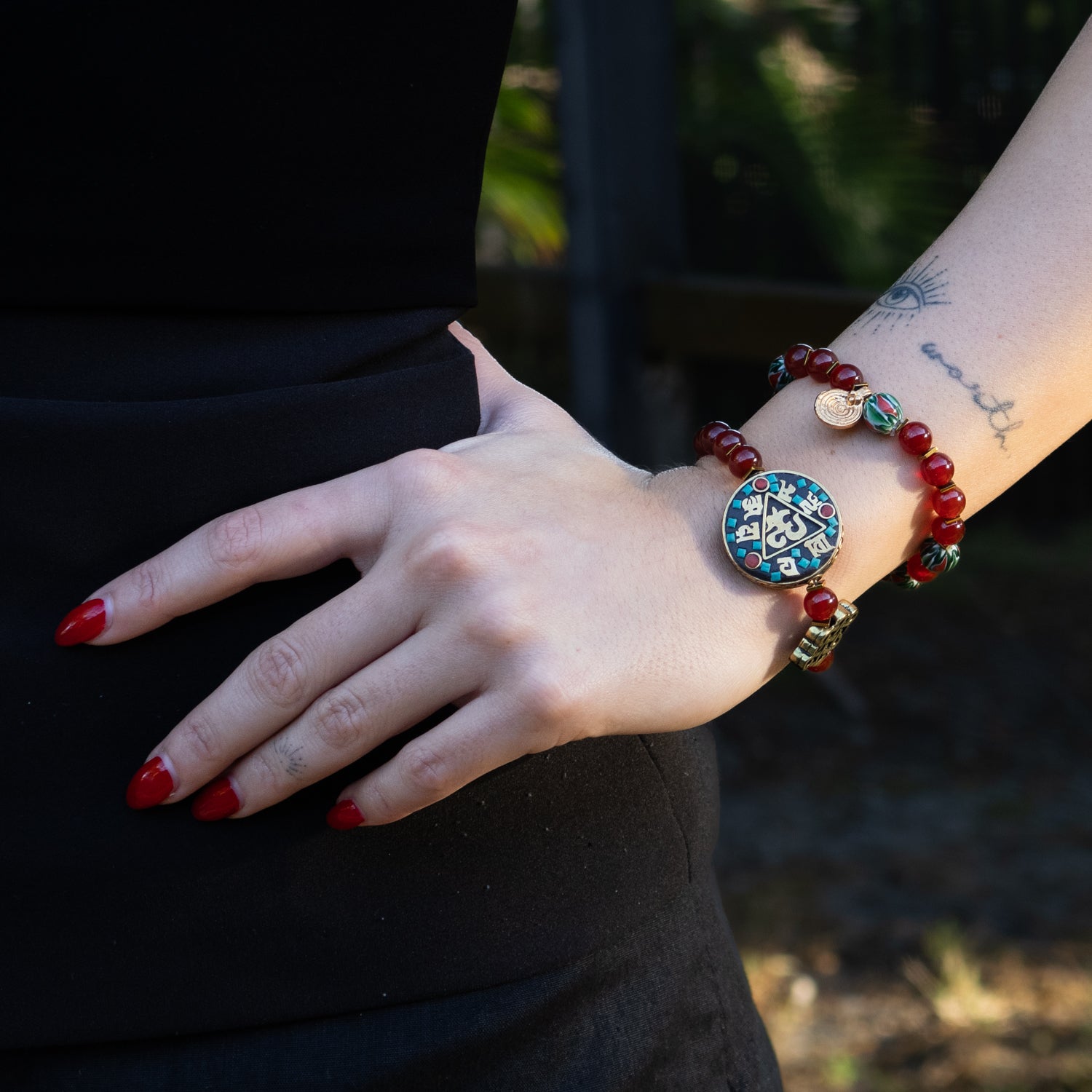 Sacred OM Carnelian & Tibetan Mantra Beaded Bracelet
