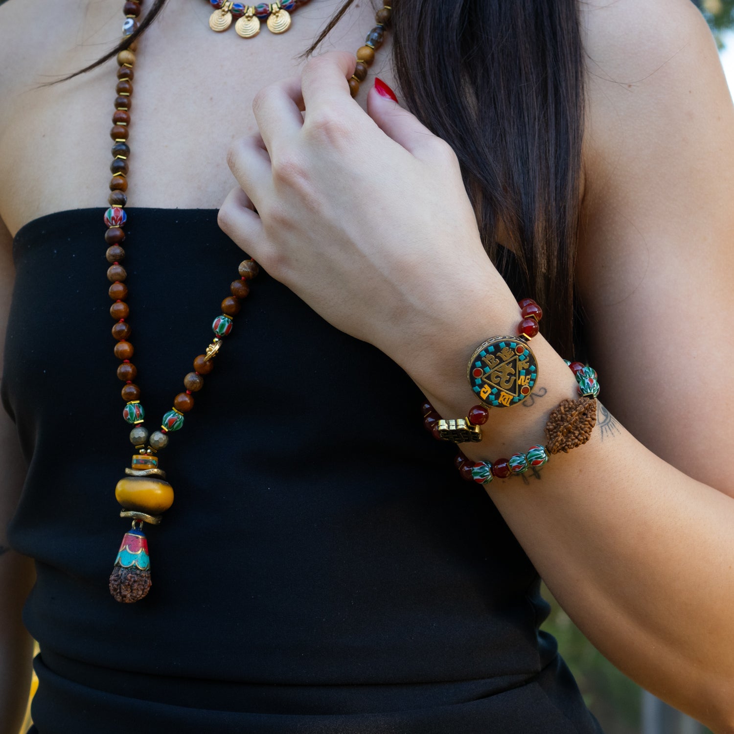 Sacred OM Carnelian & Tibetan Mantra Beaded Bracelet