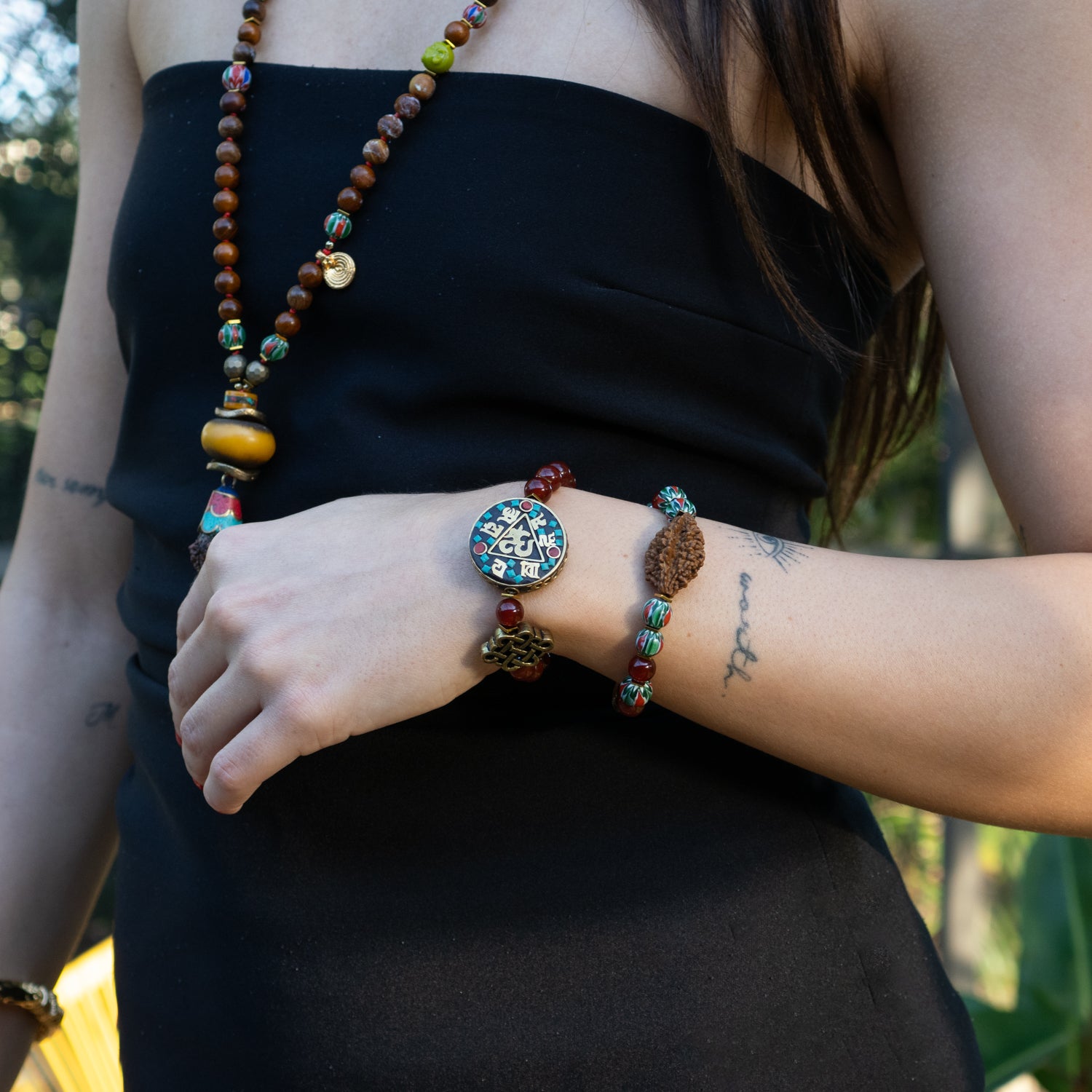 Sacred OM Carnelian & Tibetan Mantra Beaded Bracelet