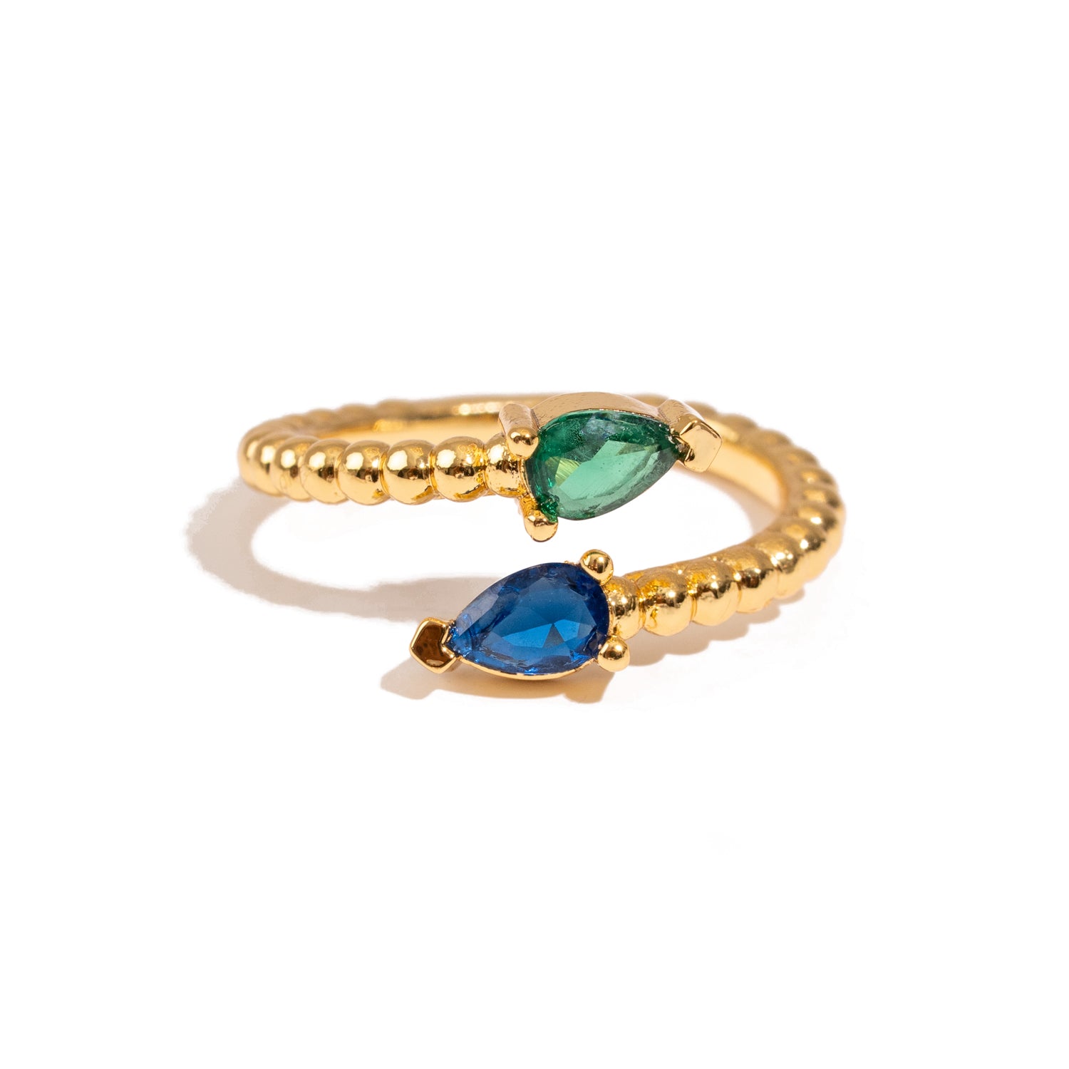 Sapphire & Emerald Teardrop Glow Gold Adjustable Ring
