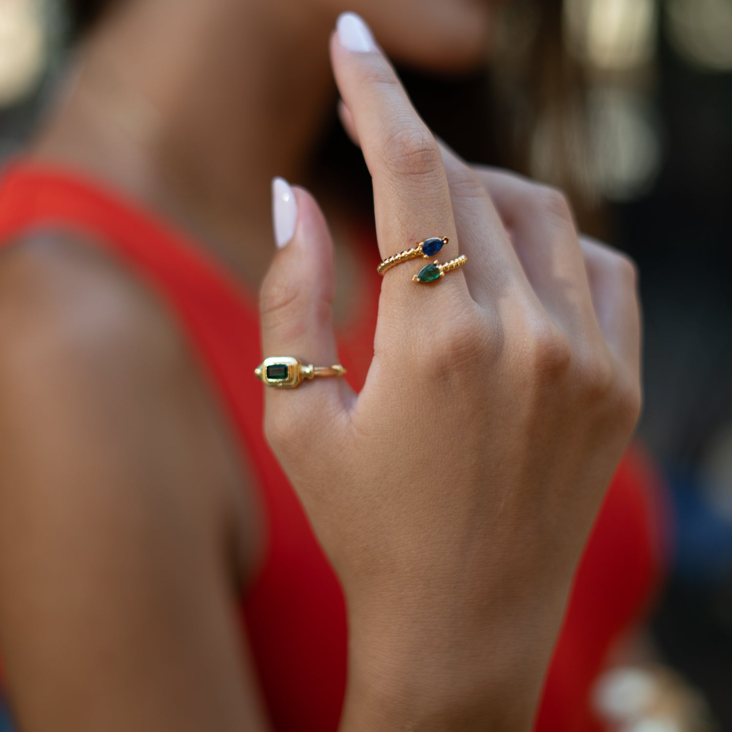 Sapphire & Emerald Teardrop Glow Gold Adjustable Ring
