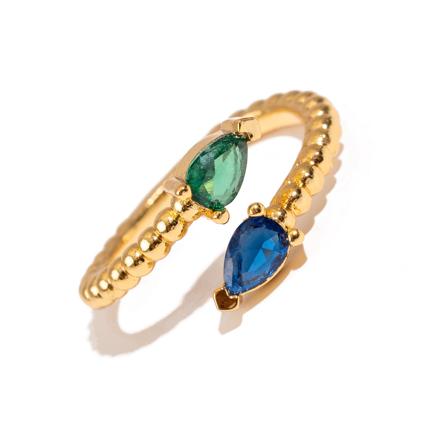 Sapphire & Emerald Teardrop Glow Gold Adjustable Ring