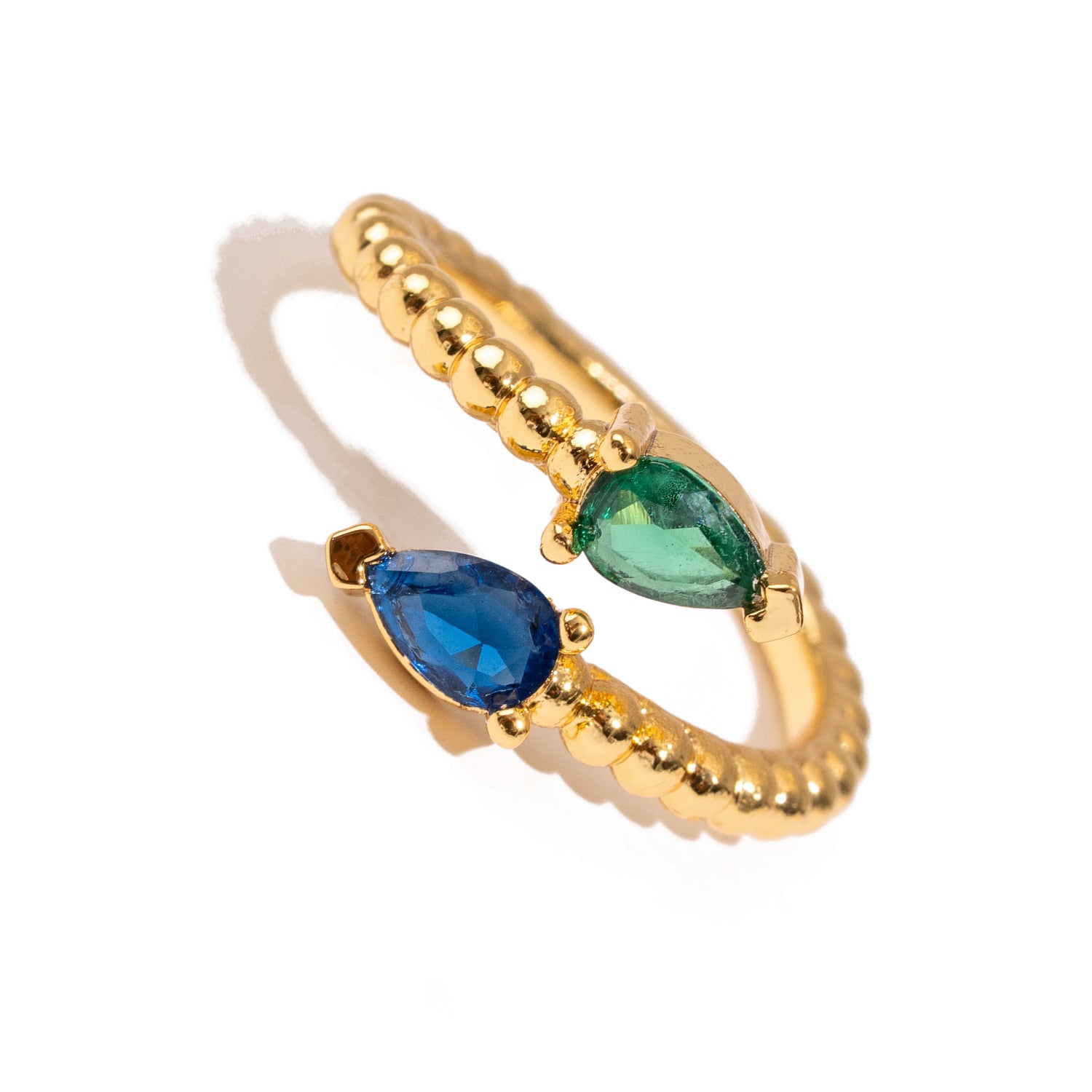 Sapphire & Emerald Teardrop Glow Gold Adjustable Ring