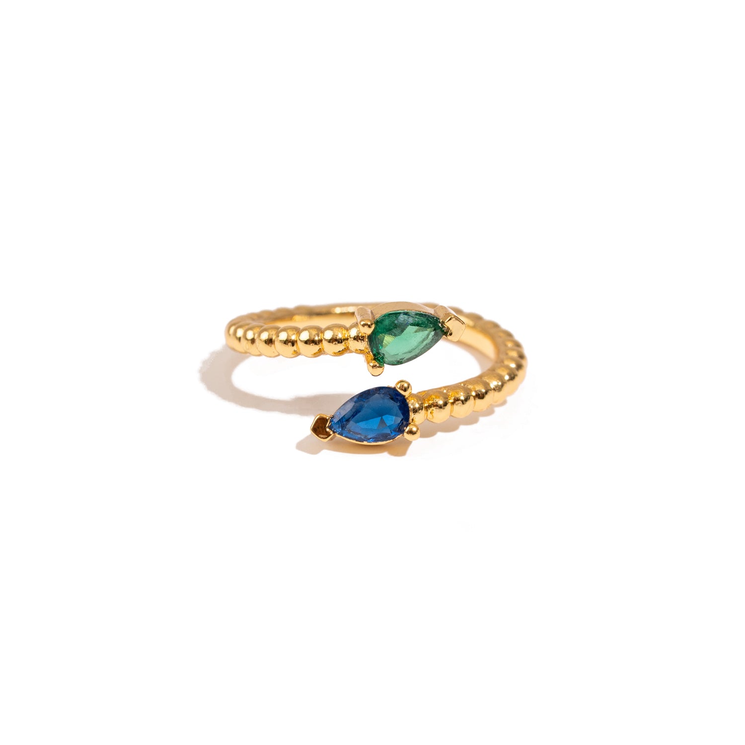 Sapphire & Emerald Teardrop Glow Gold Adjustable Ring