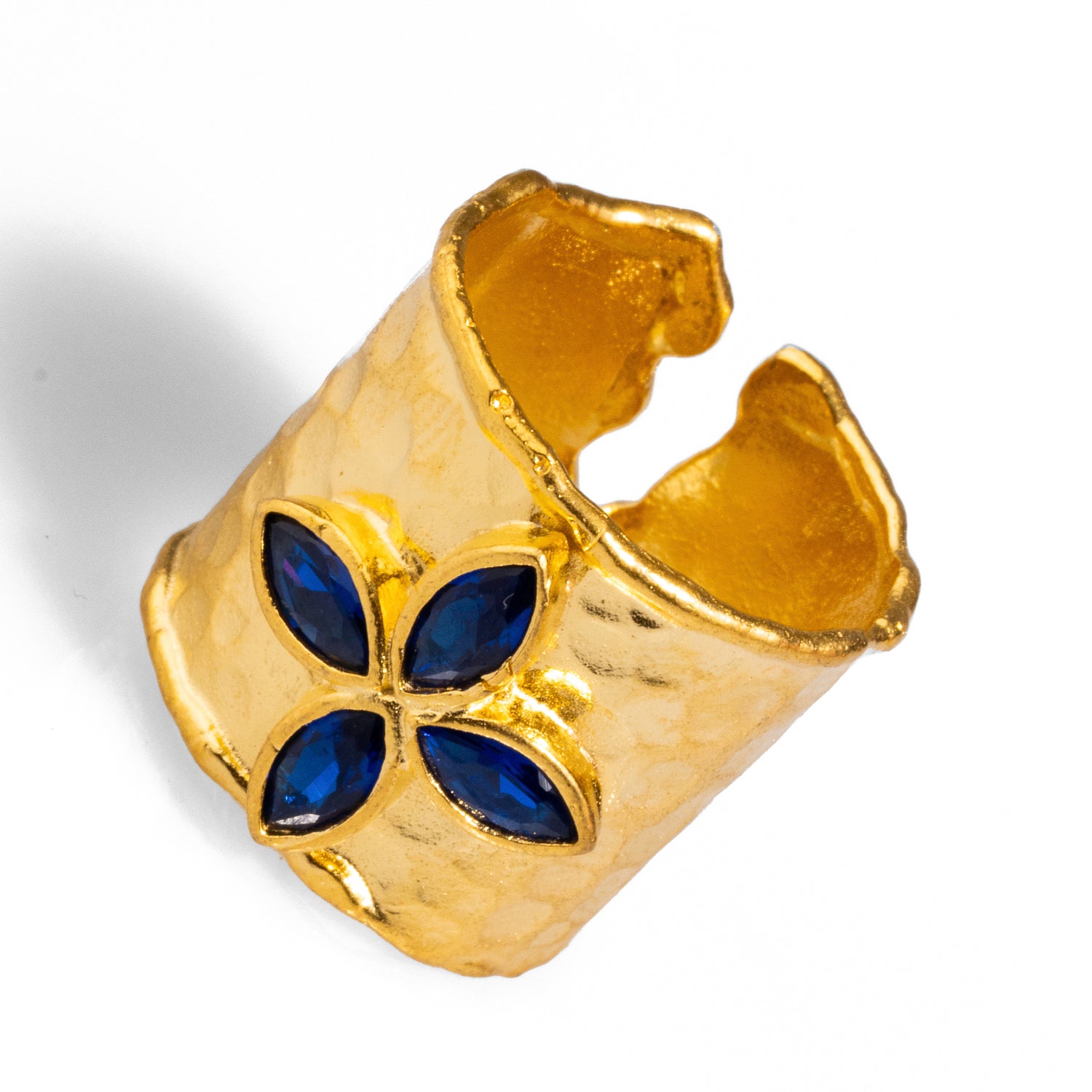 24K Gold-Plated Floral Sapphire Ring with Adjustable Fit for Versatile Wear