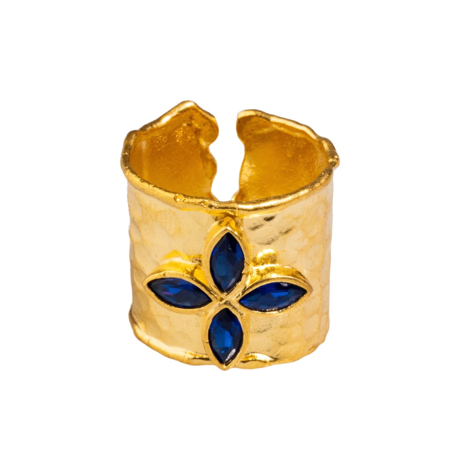 Floral Sapphire Stone Gold Band Ring with Intricate Design