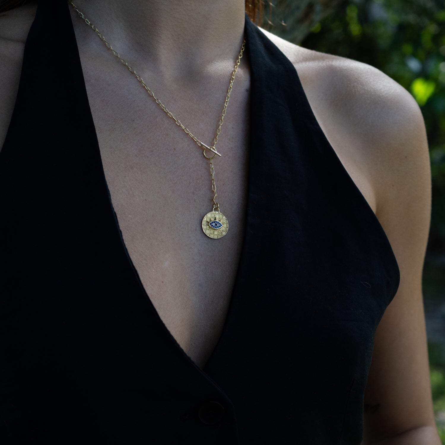 Sapphire Guardian Evil Eye Lariat Gold Necklace