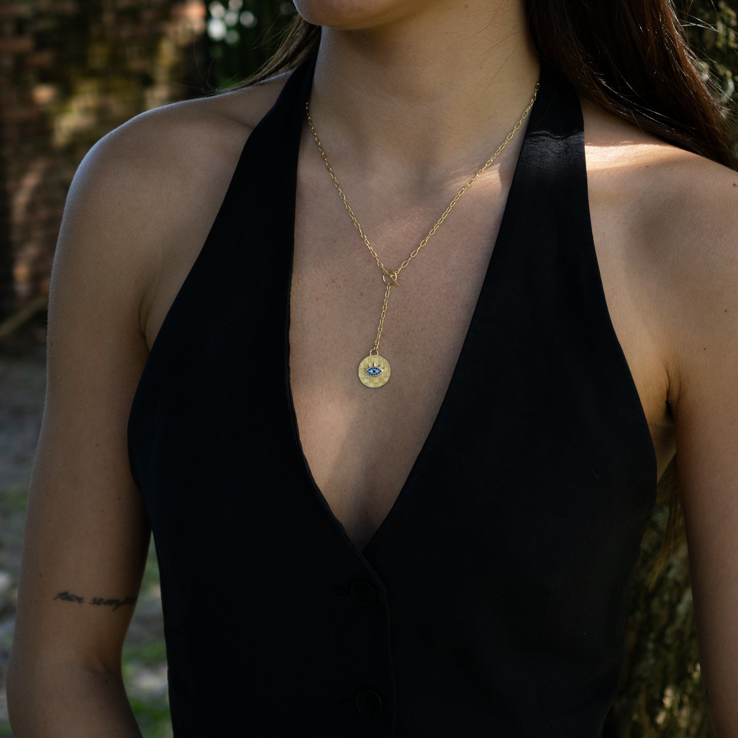 Sapphire Guardian Evil Eye Lariat Gold Necklace