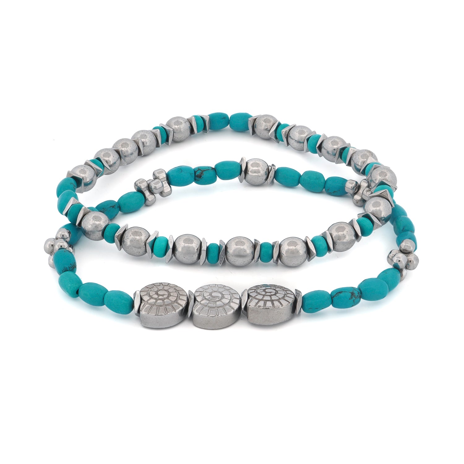 Sea Soul Bracelet Set with turquoise stones and silver hematite seashell beads.