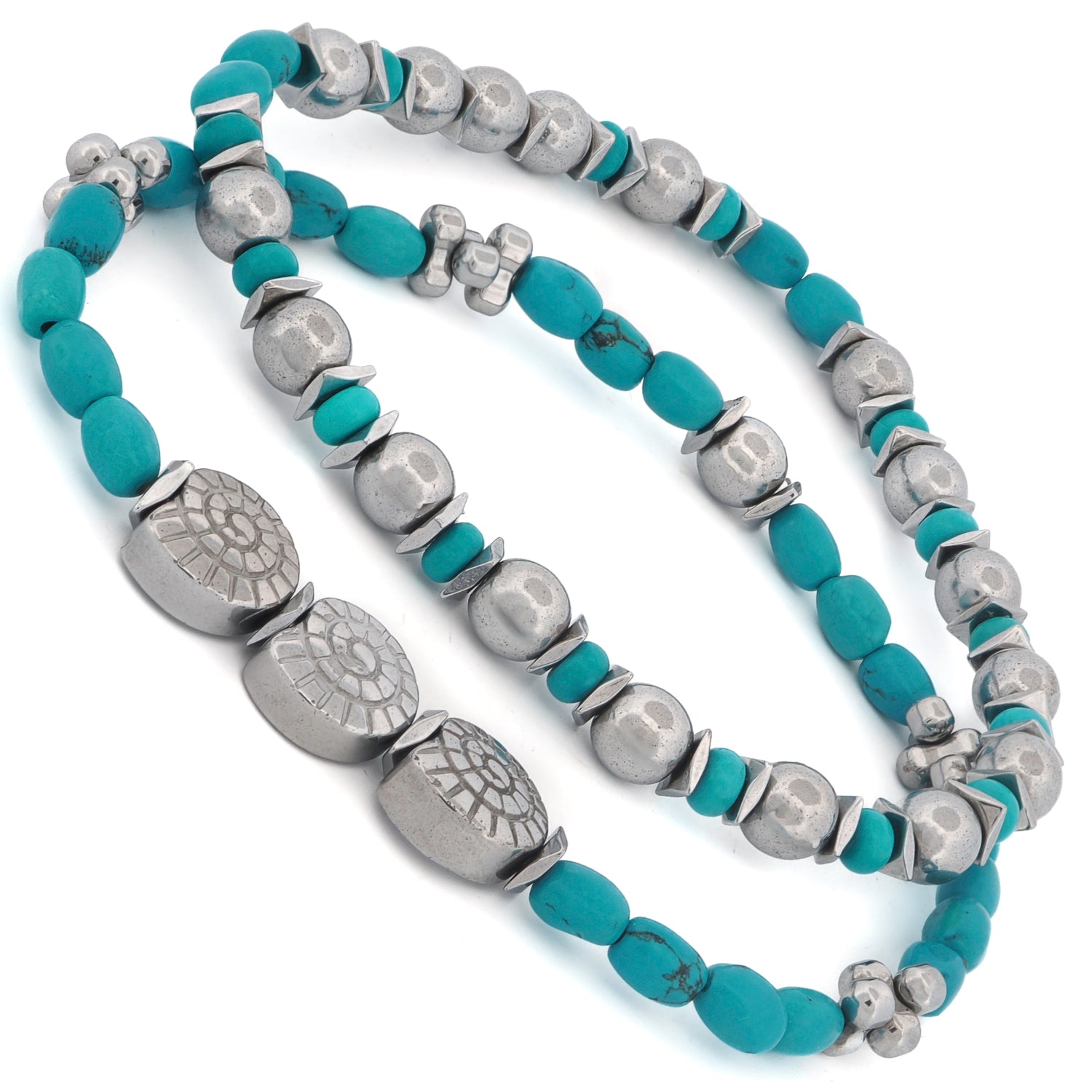 Ocean-inspired turquoise and hematite bracelet duo with bold seashell accents.