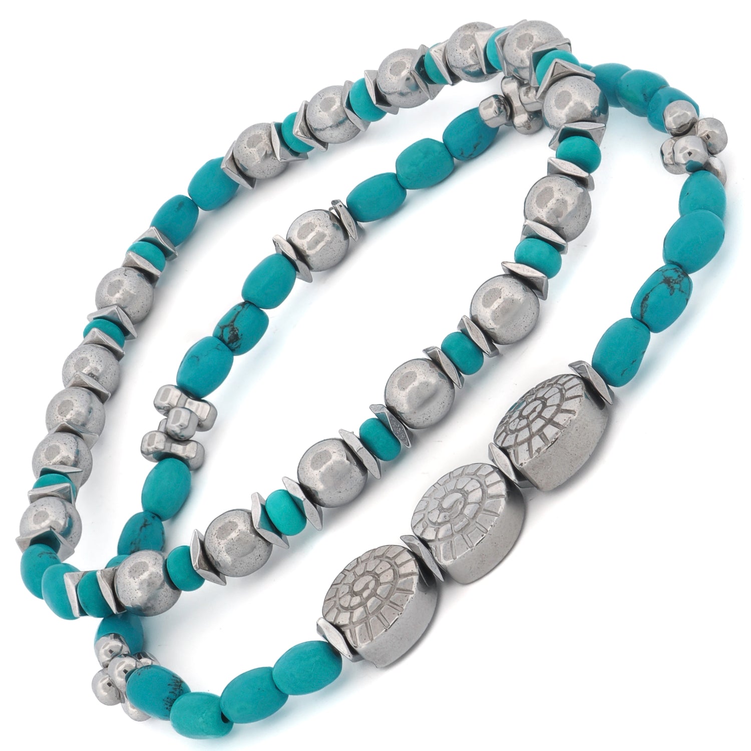 Stretchy summer bracelet set for men with bohemian turquoise and hematite.