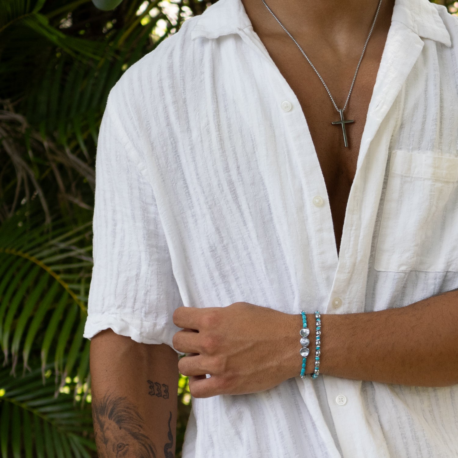 Handmade men’s bracelet set featuring natural turquoise and silver hematite.
