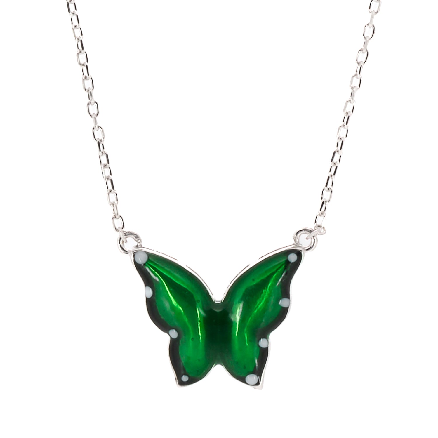 The Silver Abundance Green Enamel Butterfly Necklace, a symbol of transformation and inner growth.