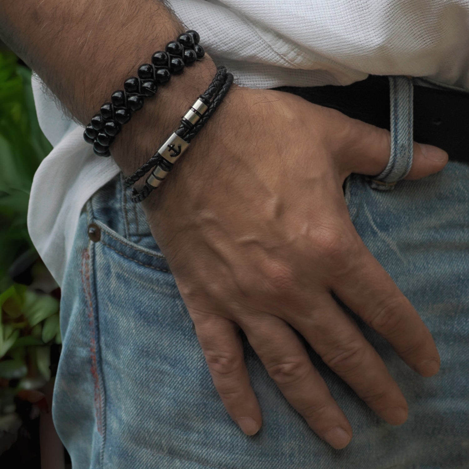 Black Leather Bracelet with Silver Anchor Design for Strength and Sophistication