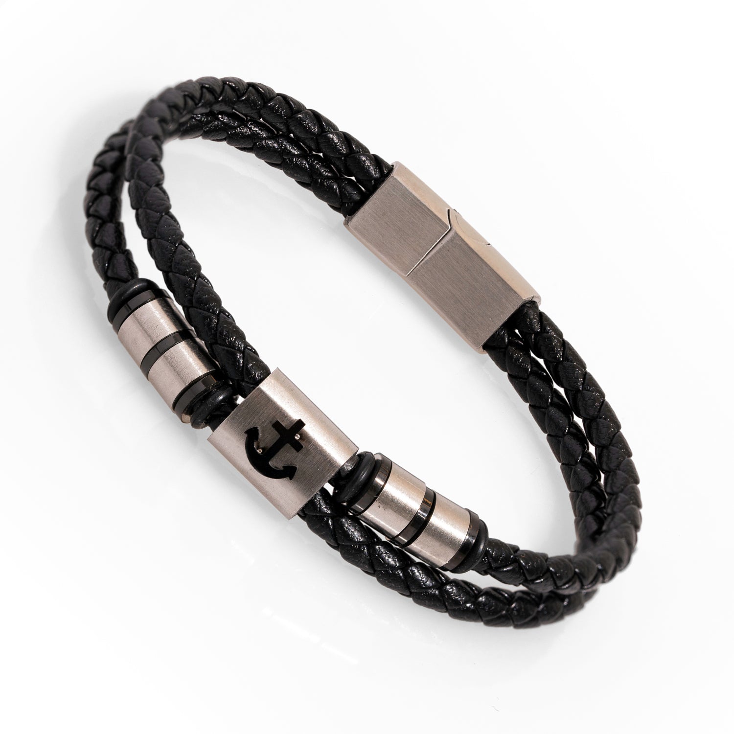 Handmade Black Leather Bracelet with Silver Plated Anchor for Hope and Stability