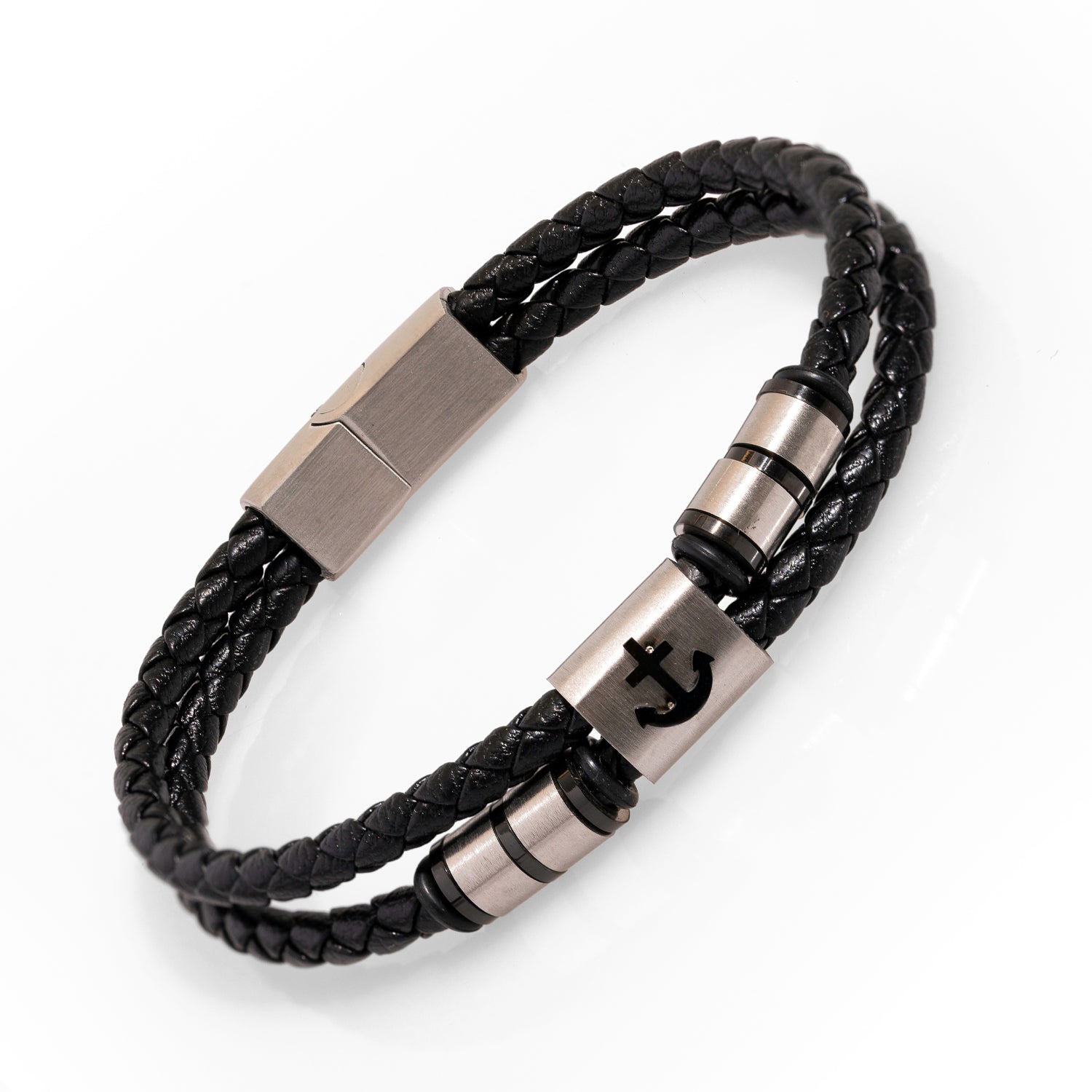 Black Leather Bracelet with Silver Anchor Design for Strength and Sophistication