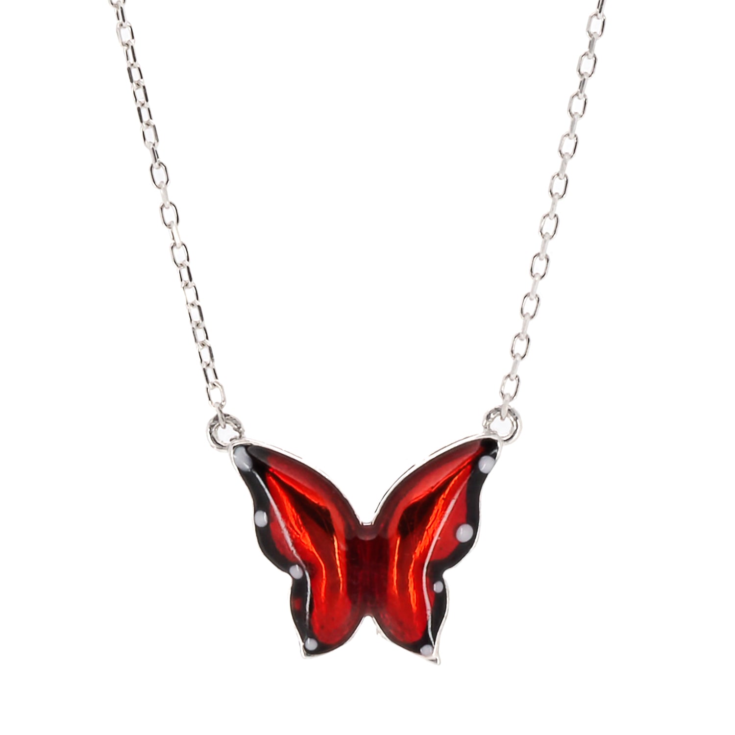 Silver Joy Red Enamel Butterfly Necklace featuring a captivating butterfly pendant with red enamel on a 925 sterling silver chain.