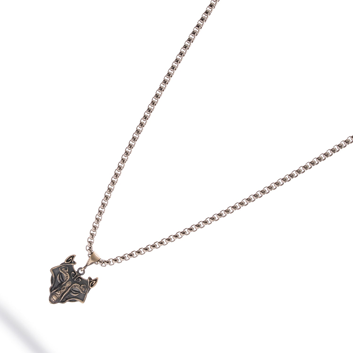 Sterling silver wolf head pendant necklace with oxidized details, silver chain, masculine style, symbolic protection motif