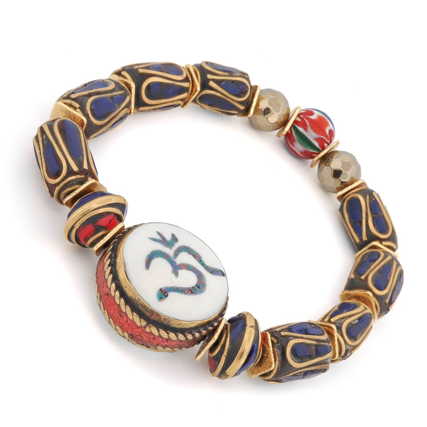 Soul Balance OM charm bohemian spiritual bracelet with Nepal beads on white background