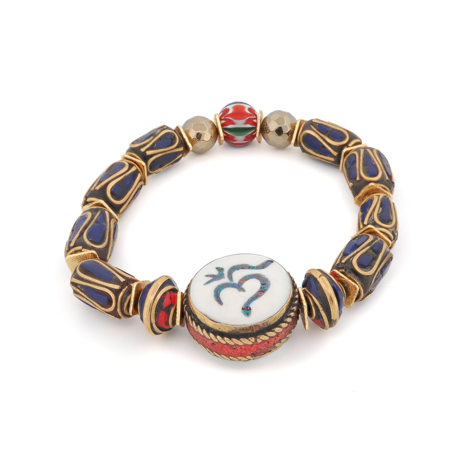 Lapis lazuli and coral Nepal bead bracelet with gold-plated details for mindful living