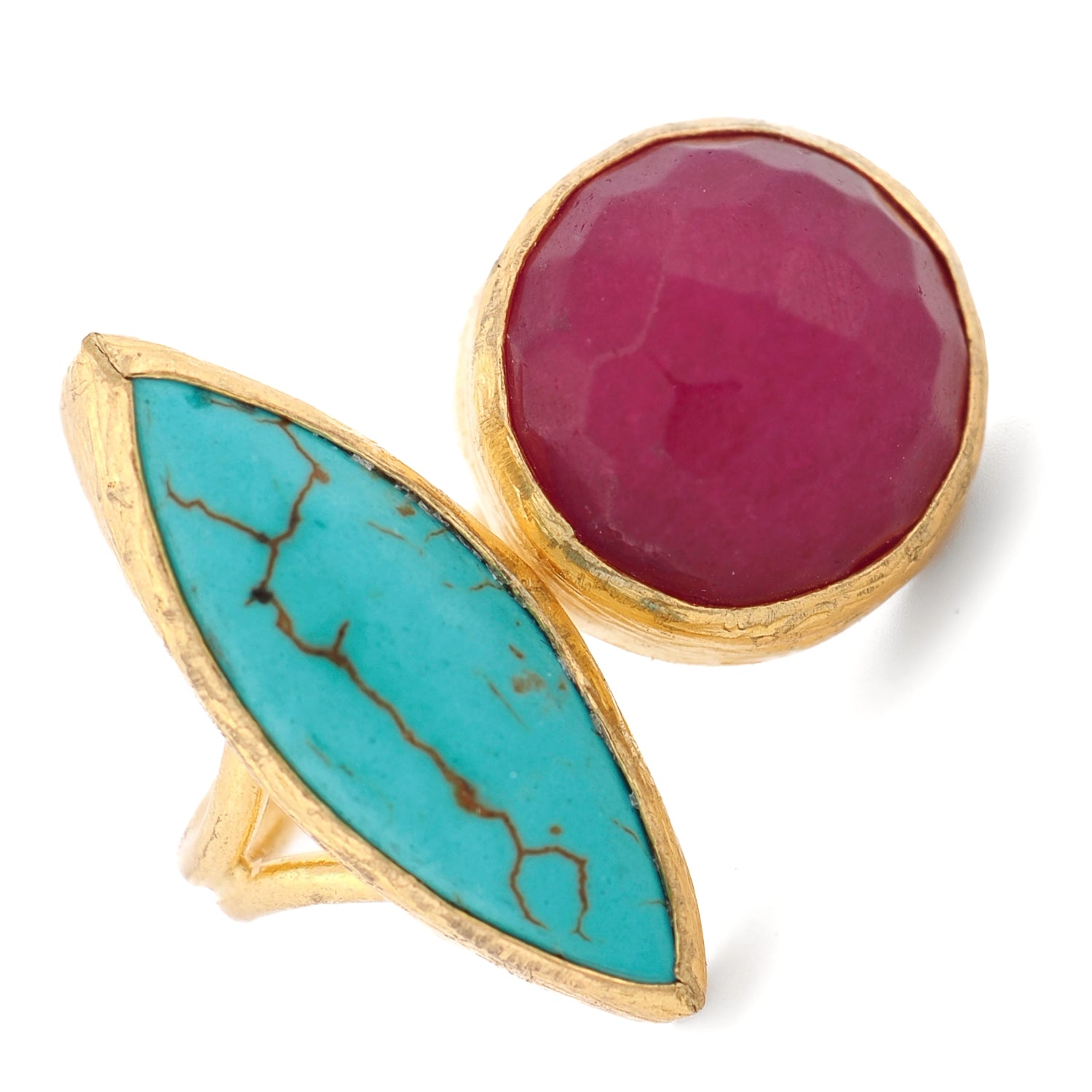 Artisan-crafted ring with turquoise for peace and ruby for vitality in a modern design