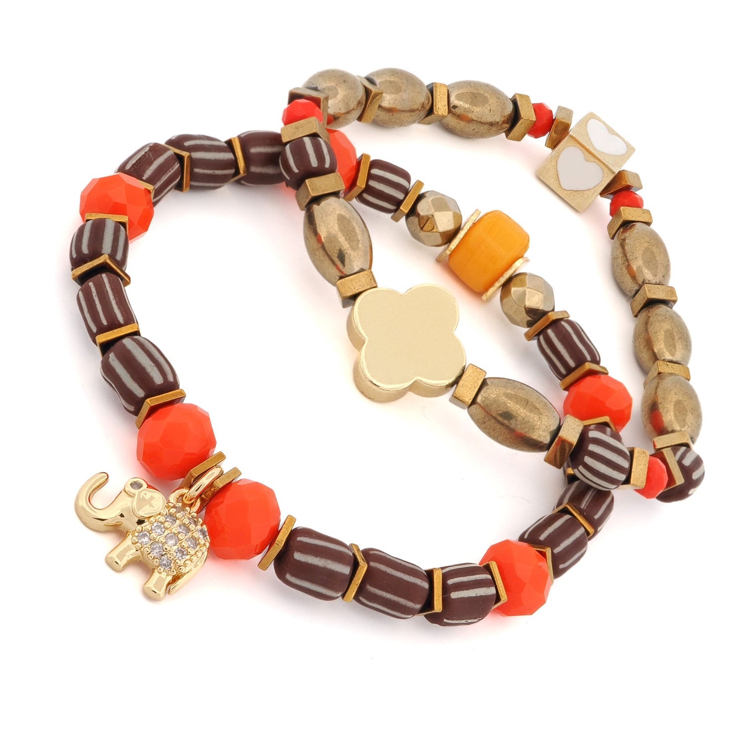 Spiritual bracelet set with earthy brown beads, gold hematite, and meaningful symbols