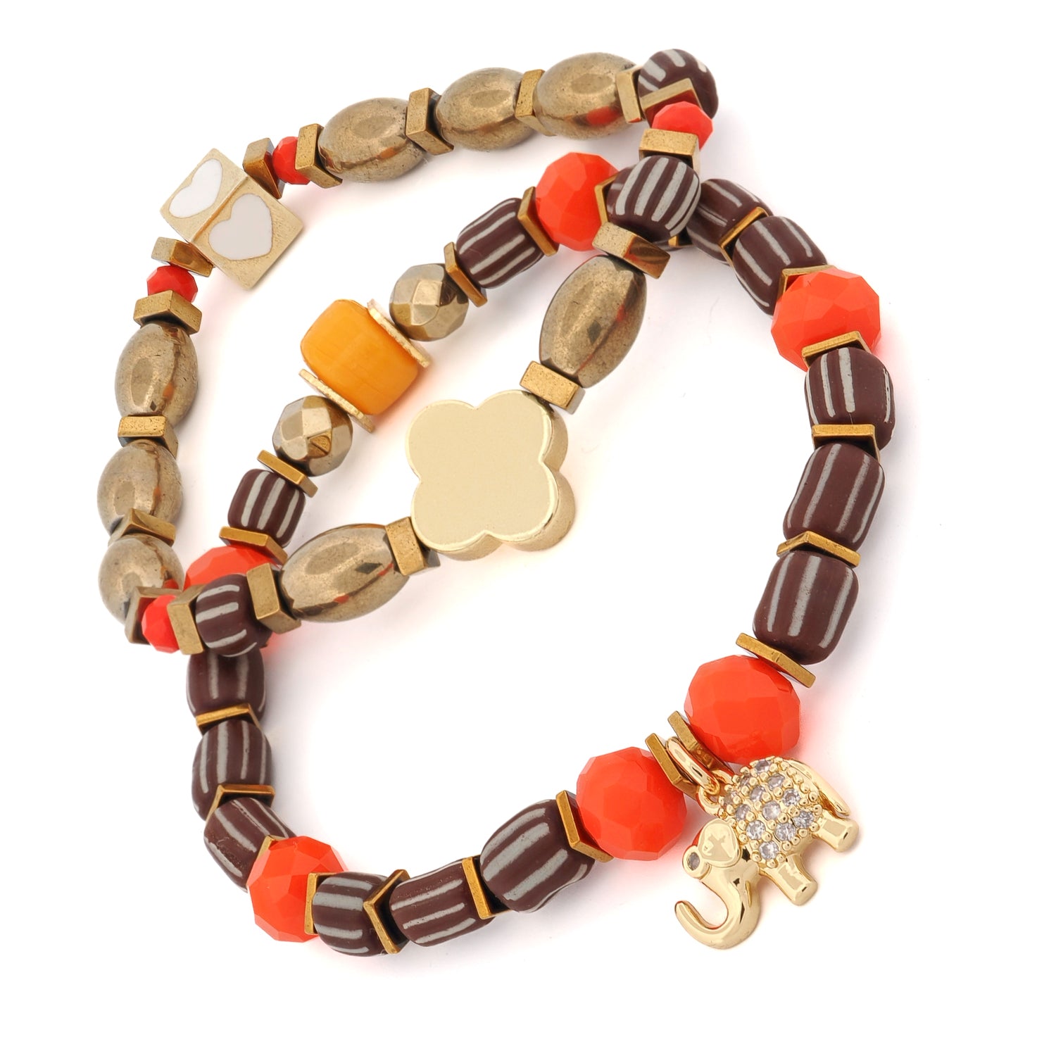 Wrist view of Soulful Journey bracelet duo with warm tones and spiritual energy
