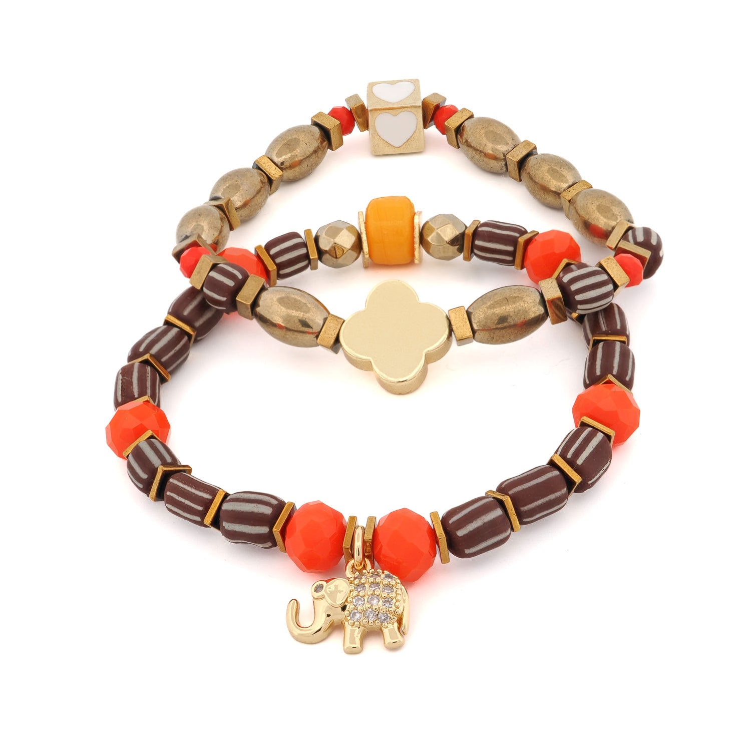 Soulful Journey gold beaded bracelet set with elephant and heart charms on white background