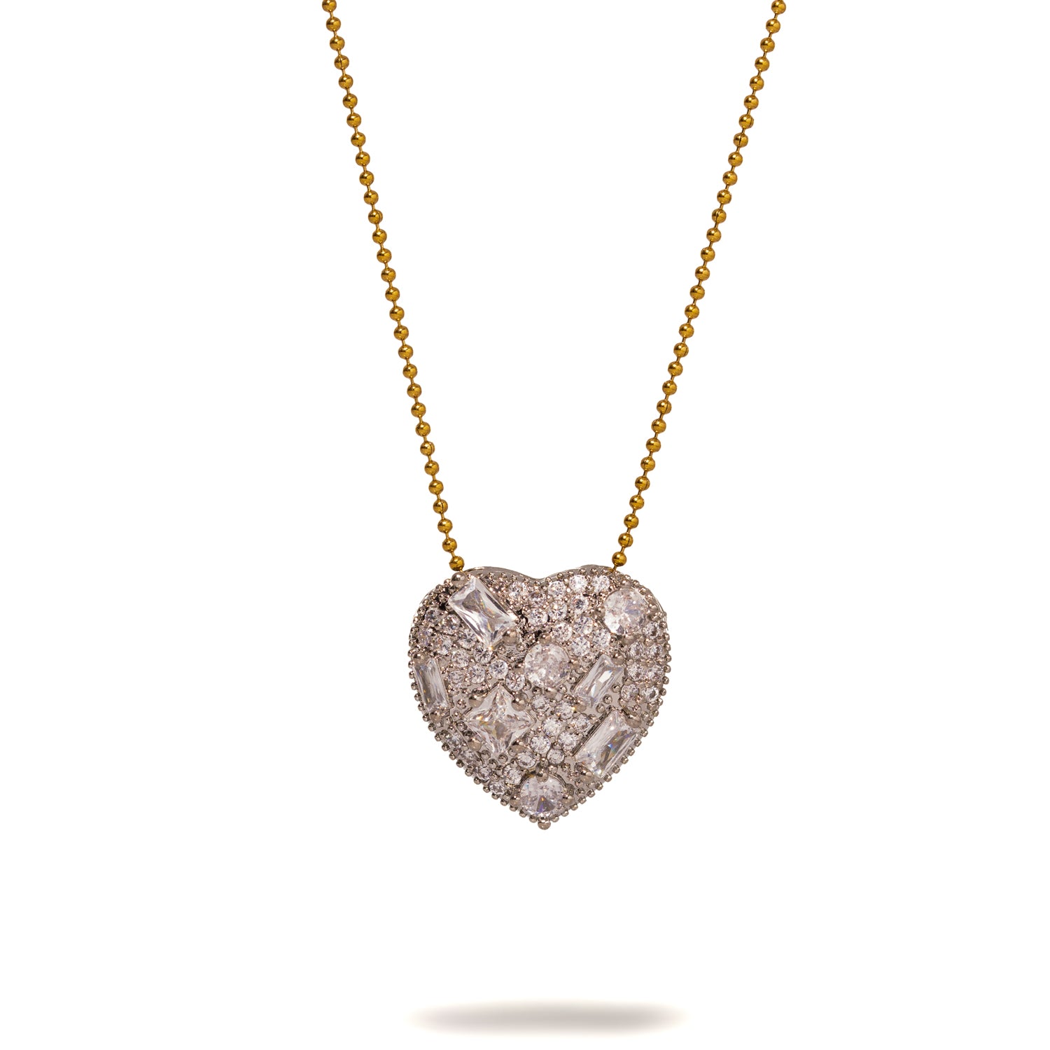 Elegant Heart Pendant Necklace with Baguette Diamonds and 18K Gold Plating for a Bold Fashion Look