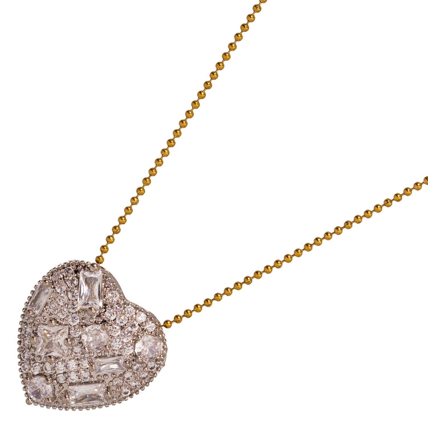 Gold-Plated Statement Necklace with Radiant Heart Pendant and Baguette Diamonds for Glamorously Bold Style