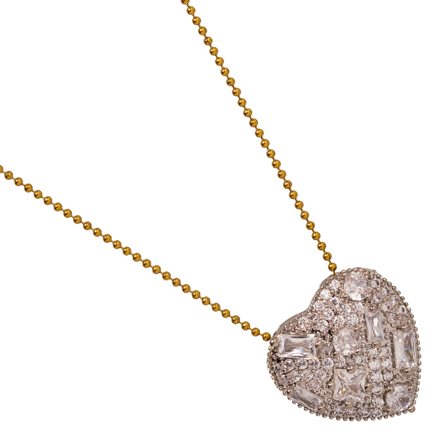Gold-Plated Necklace with Dazzling Heart Pendant and Baguette Diamonds for a Fashion-Forward, Glamorous Accessory