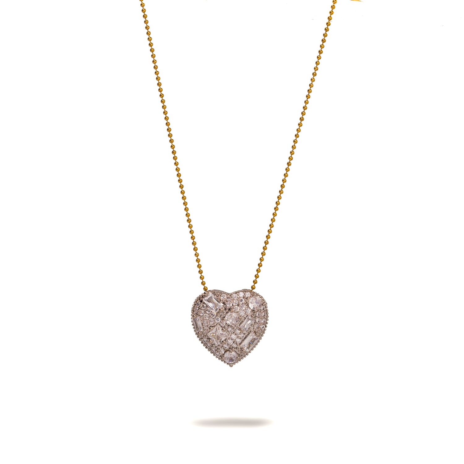 18K Gold-Plated Necklace with Heart Pendant and Baguette Diamonds for Timeless Glamour
