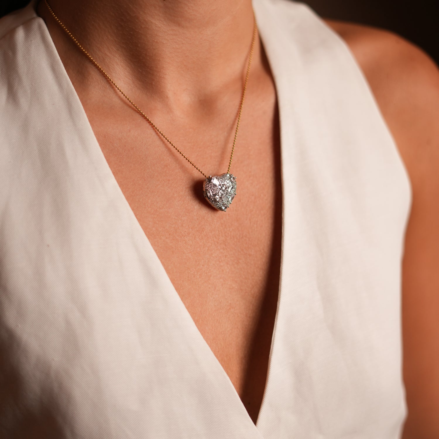 Handmade Gold Necklace with Large Heart and Baguette Diamonds for a Luxurious Fashion Statement