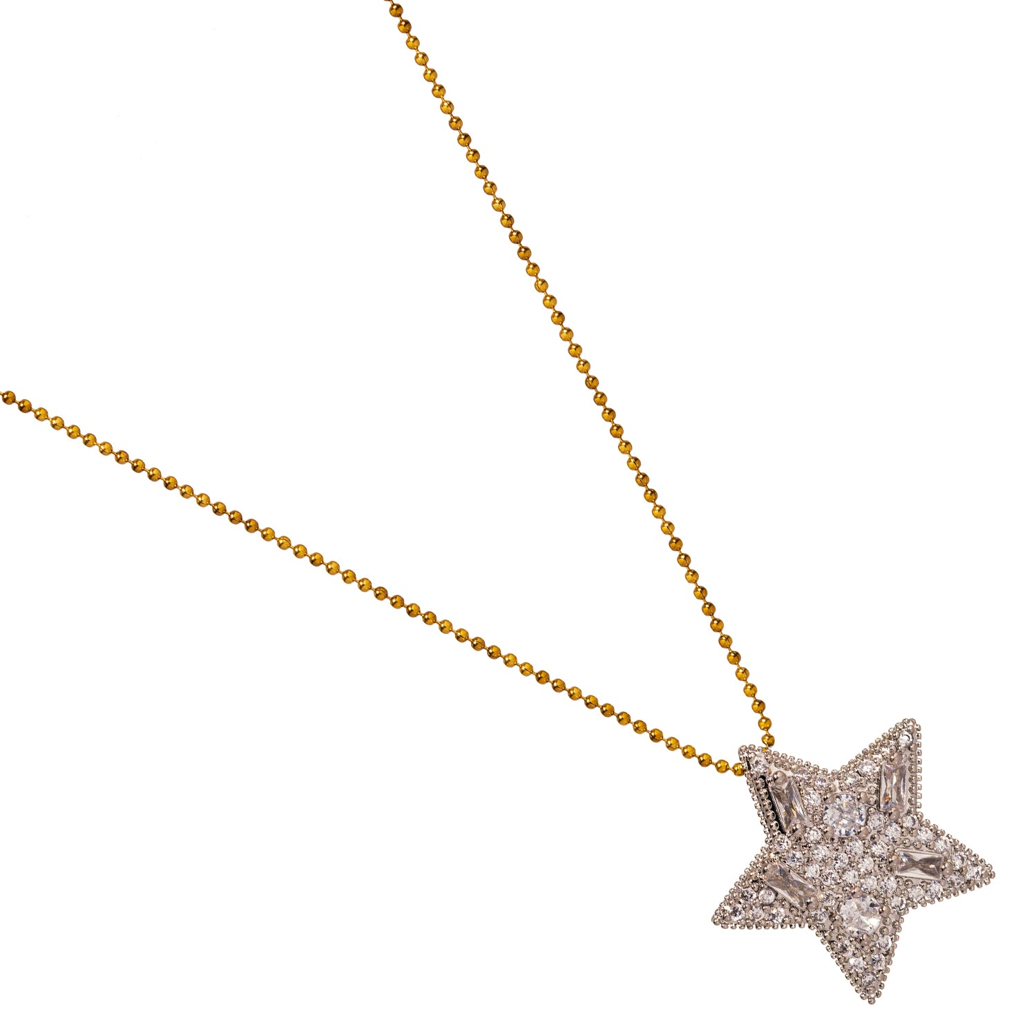 Gold Star Necklace with CZ and Baguette Diamonds for a Bold, Eye-Catching Fashion Accessory